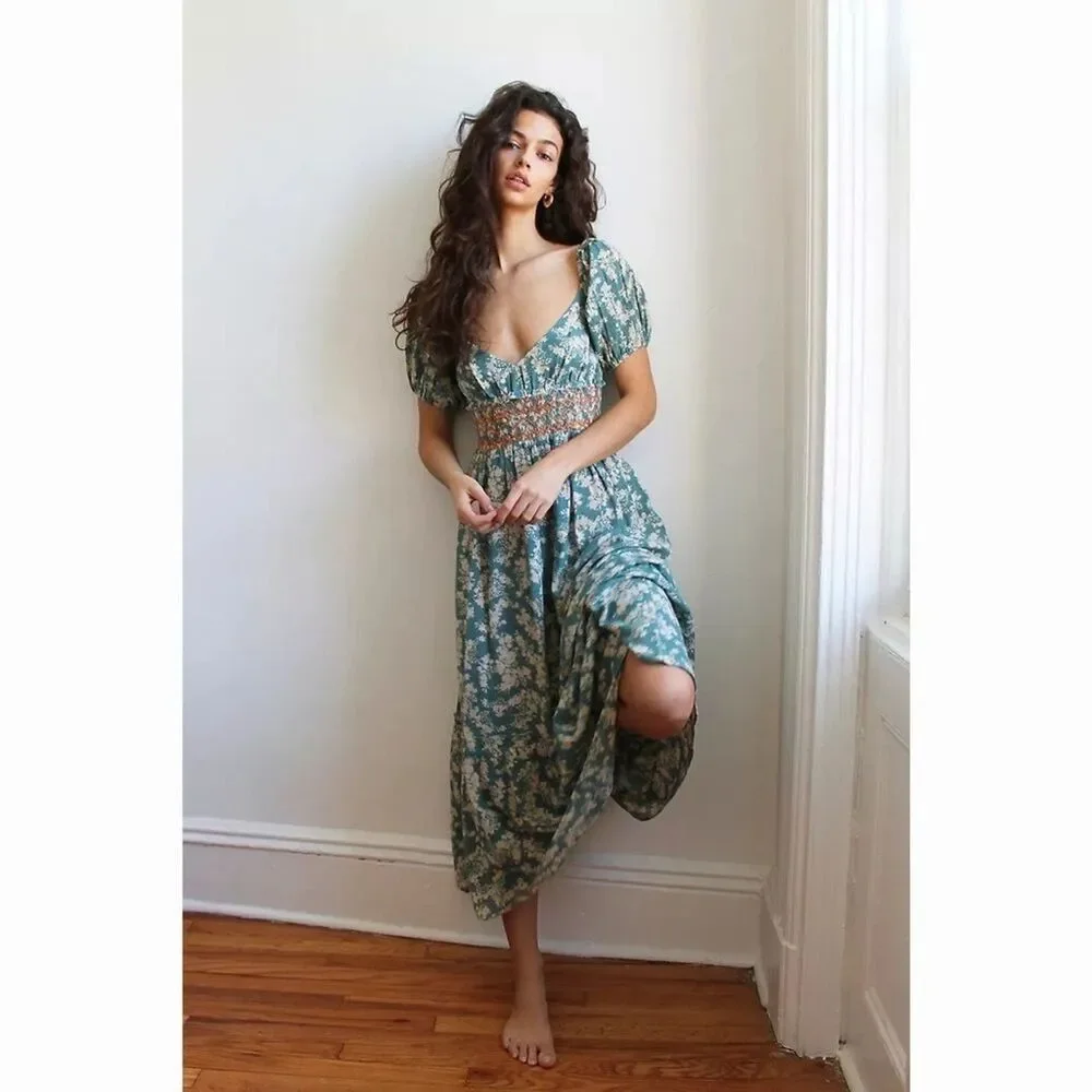 Free People Ellie Boho Green Floral Puff Sleeve Smock Bodice Maxi Dress Sz S - Picture 2 of 15